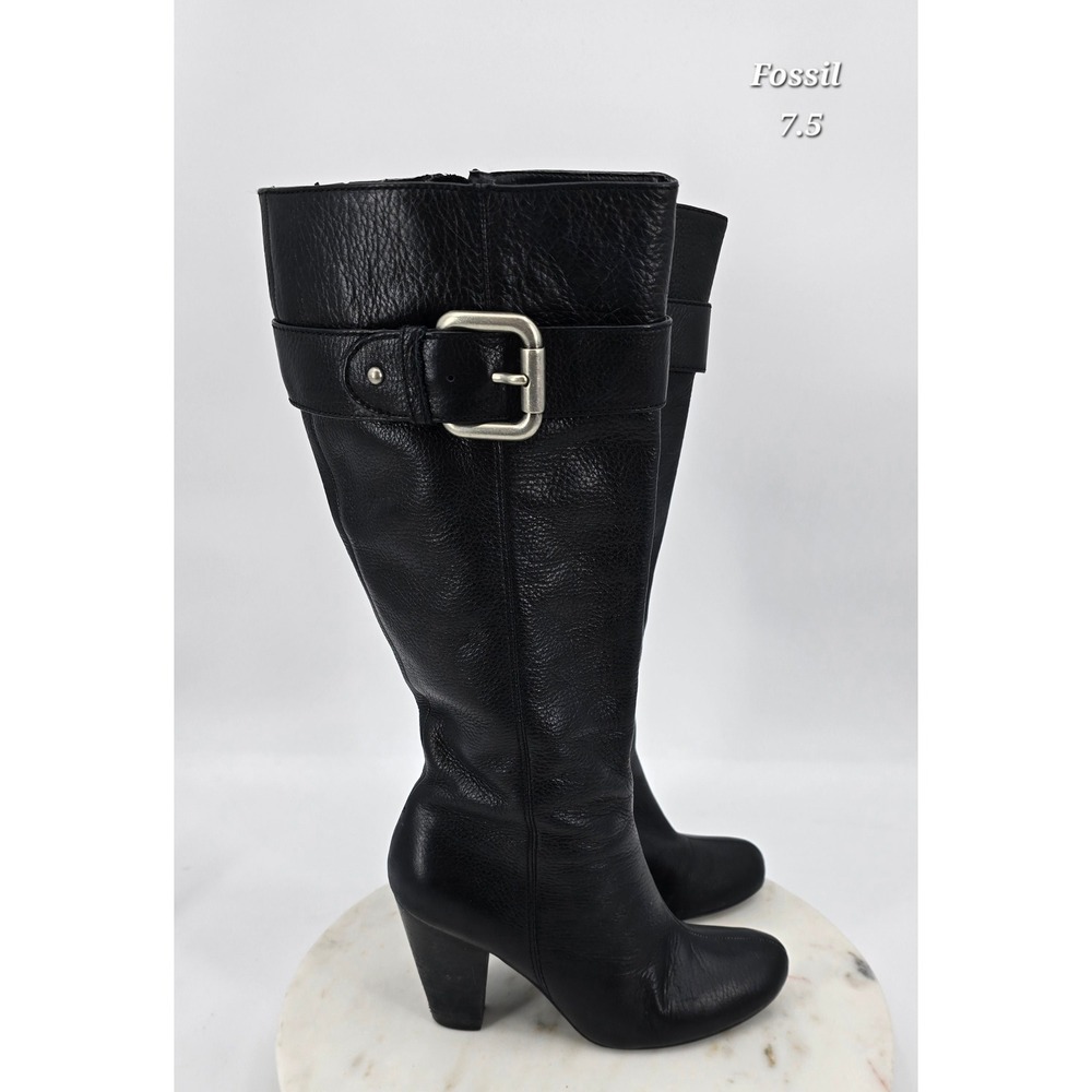 Fossil Rebecca Black Leather Knee High Boots Women's 7.5 Buckle High Heel